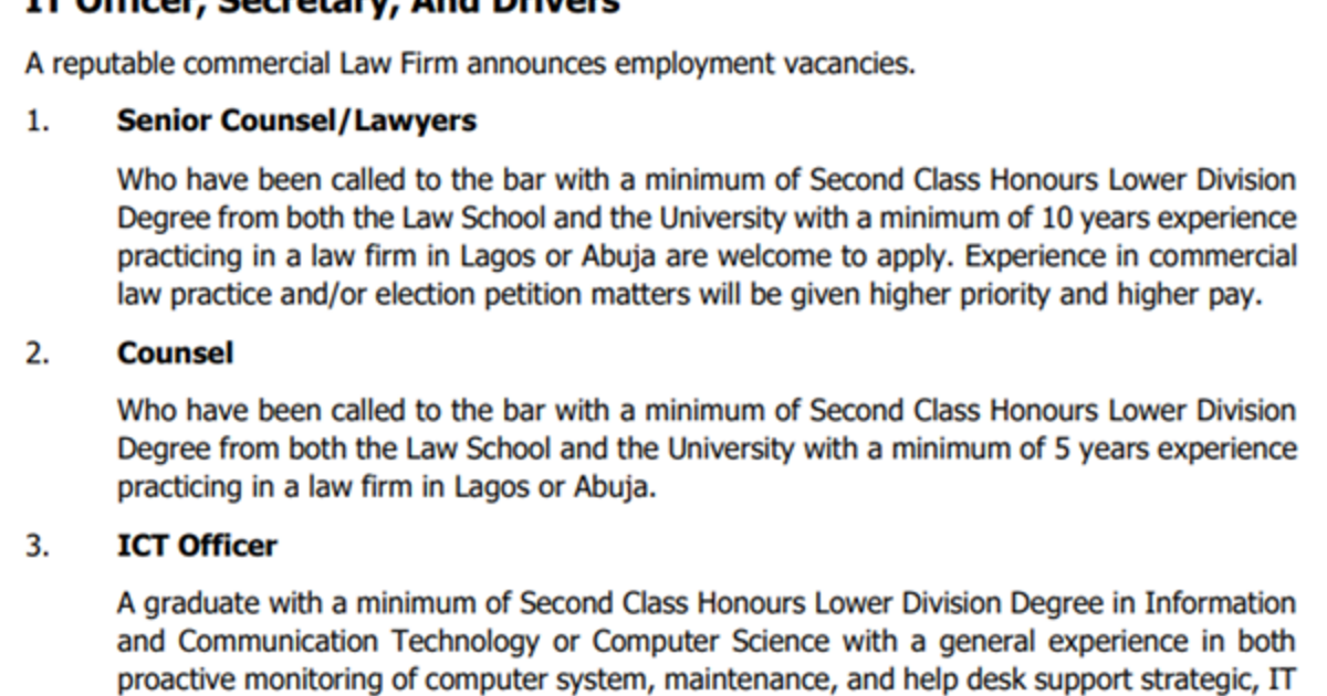 Commercial Law Firm Seeks Experienced Lawyers, IT Officer, Secretary, And Drivers
